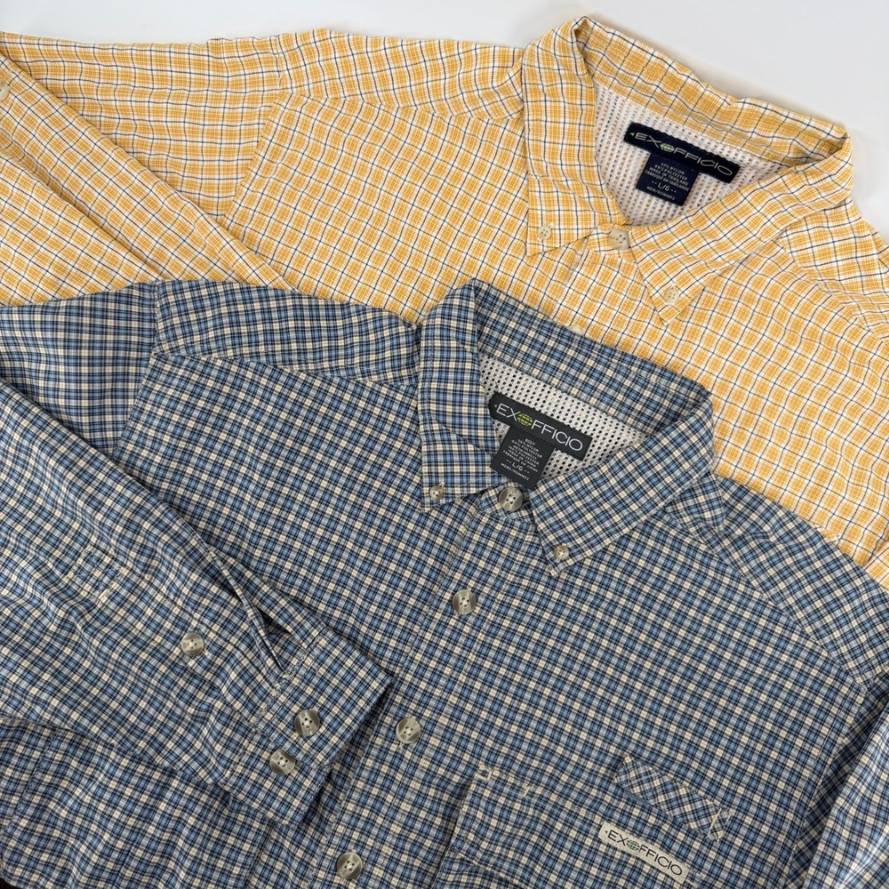 ExOfficio Button Down Shirt Mens L Blue Tan Plaid Vented Long Sleeve Bundle of 2